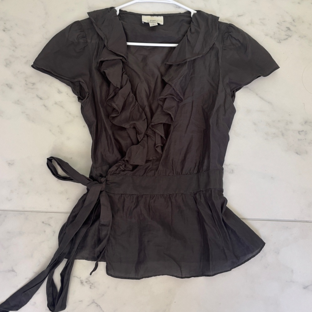 Loft Y2K Cotton and Silk Ruffled Gray Wrap Top